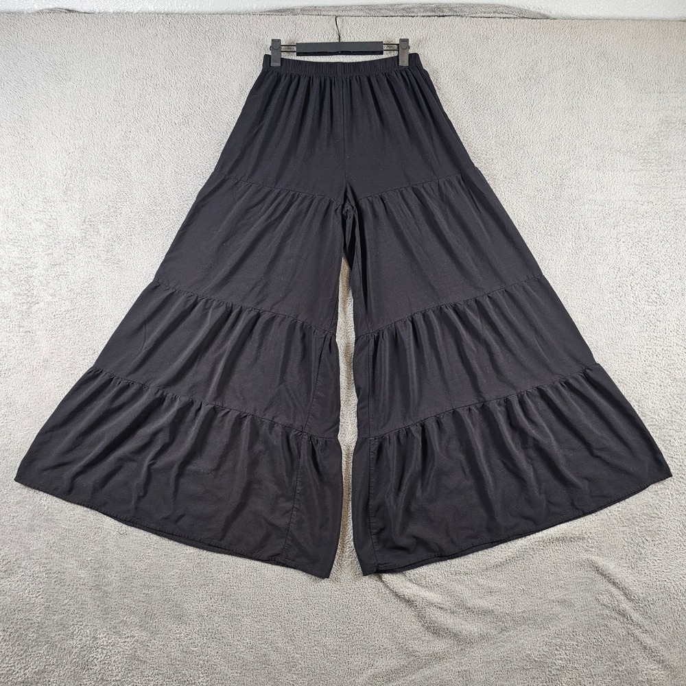 Natural Life Black Tiered Palazzo Pants Wide Leg Boho Ruffle Rayon Small